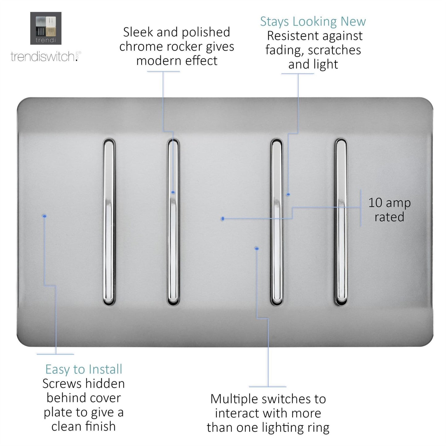Trendi Artistic Modern Glossy 4 Gang 2 Way Stainless Steel Rocker Double Plate Tactile Light Switch
