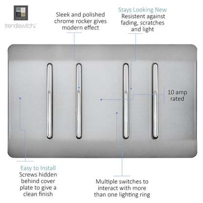 Trendi Artistic Modern Glossy 4 Gang 2 Way Stainless Steel Rocker Double Plate Tactile Light Switch