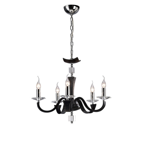 Diyas Nardini 60cm  5 Light E14 Polished Chrome/Black Faux Leather/Crystal Ceiling Pendant Light Fitting