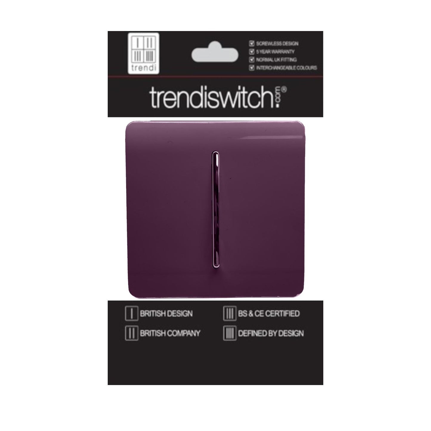 Trendi 1 Gang 2 Way 240V Screwless Artistic Modern Glossy 10 Amp Chrome Rocker Electrical Wall Light Switch in Plum Purple (3 pack)