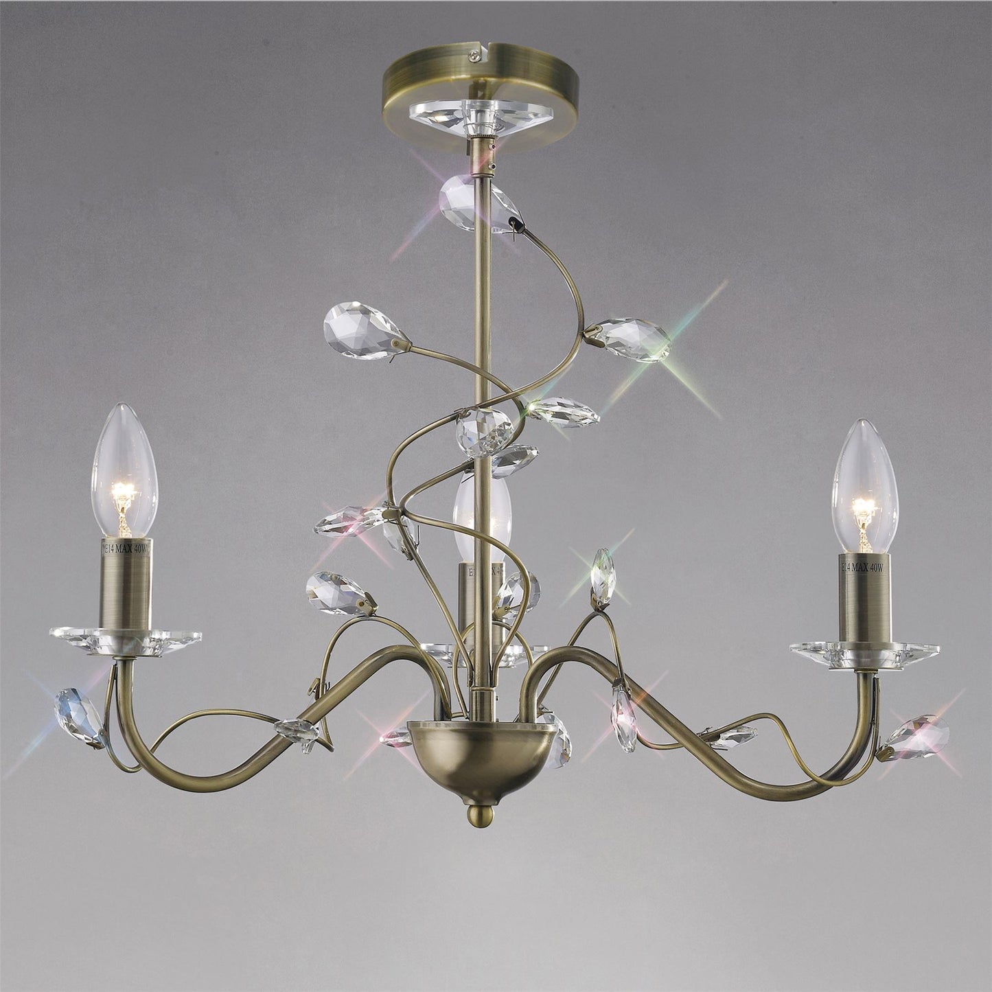 Diyas Willow 50cm  WITHOUT SHADE 3 Light E14 Antique Brass/Crystal Ceiling Pendant Light Fitting