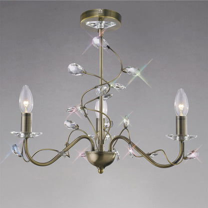 Diyas Willow 50cm  WITHOUT SHADE 3 Light E14 Antique Brass/Crystal Ceiling Pendant Light Fitting