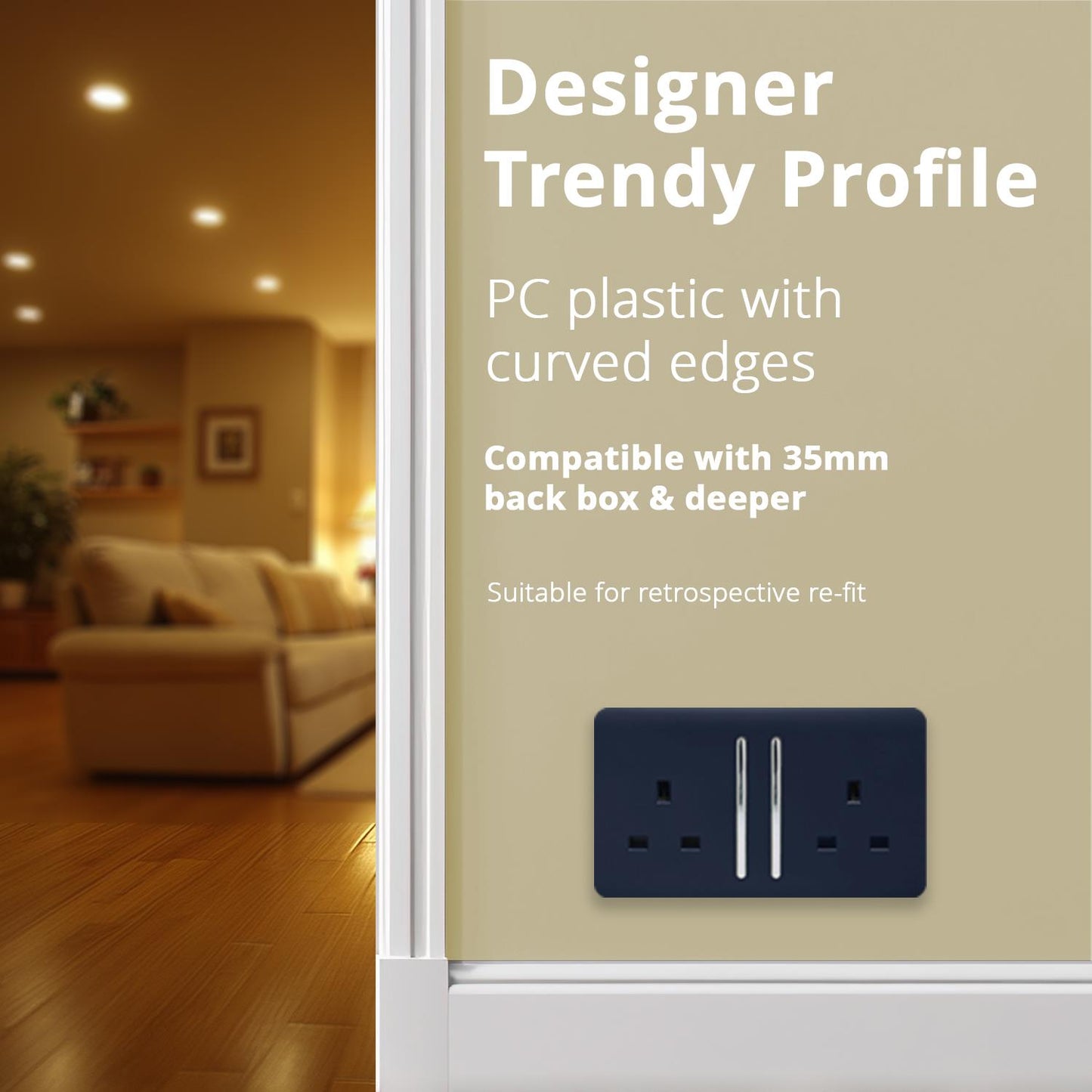 Trendi 2 Gang Artistic Modern Glossy 13 Amp Switched Tactile Plug Socket Navy (7 Pack)