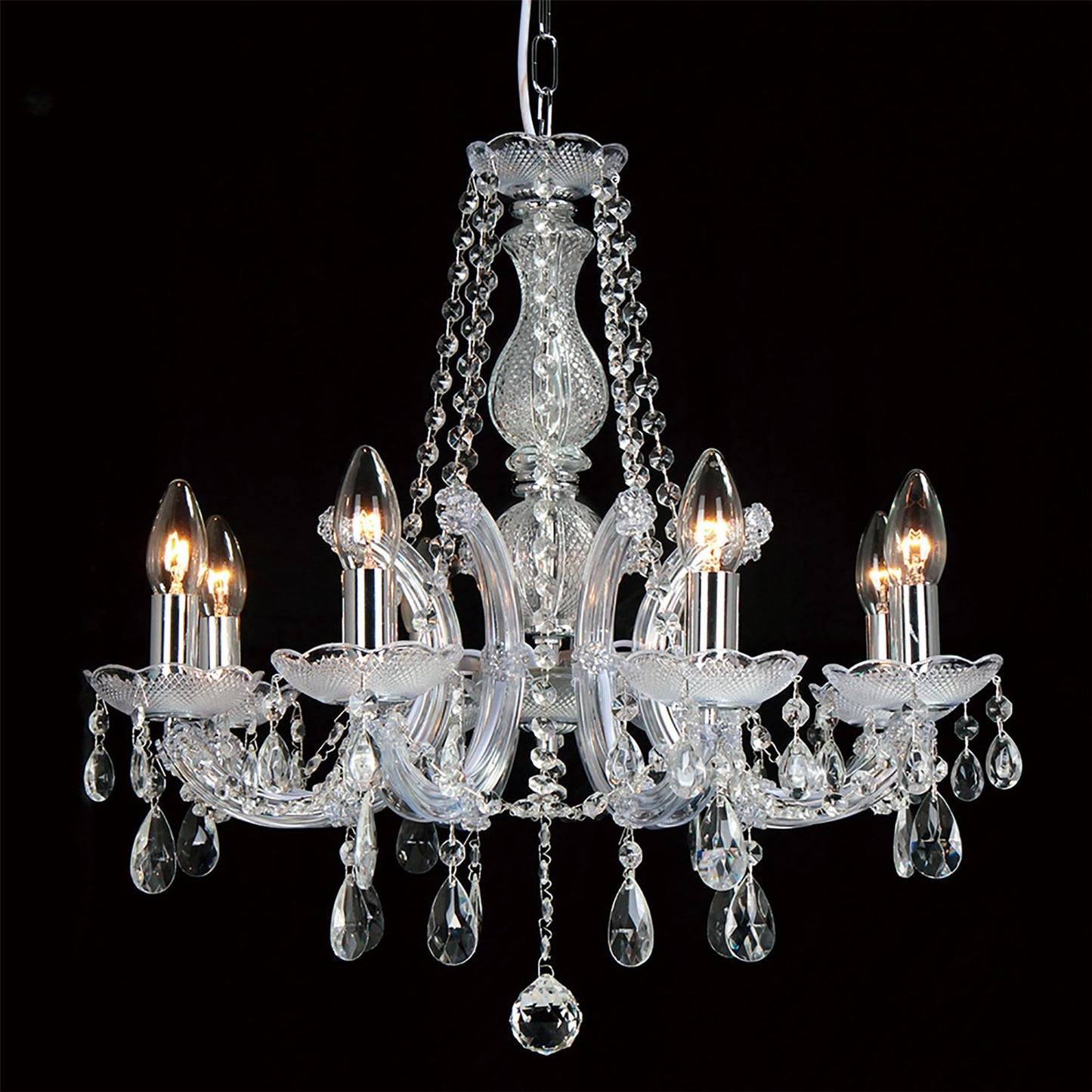 Deco Gabrielle Chandelier with Acrylic Sconce & Glass Crystal Droplets 8 Light E14 Polished Chrome Finish