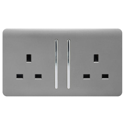Trendi 2 Gang Artistic Modern Glossy 13 Amp Switched Tactile Plug Socket Light Grey (7 Pack)