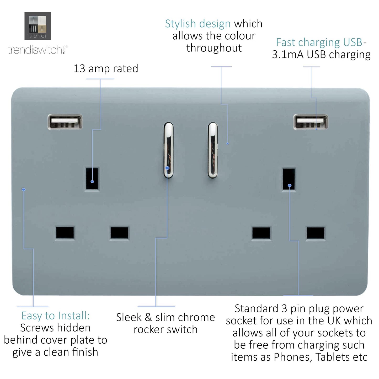 Trendi 2 Gang Artistic Modern Glossy 13 Amp 2 x 3.1mA USB Switched Plug Socket Cool Grey