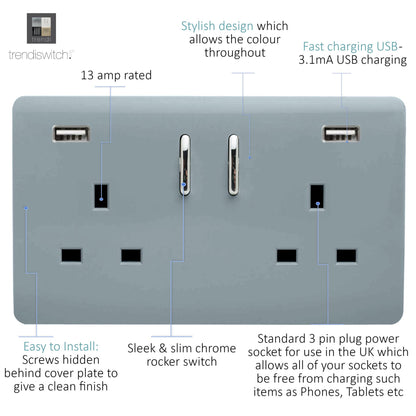 Trendi 2 Gang Artistic Modern Glossy 13 Amp 2 x 3.1mA USB Switched Plug Socket Cool Grey