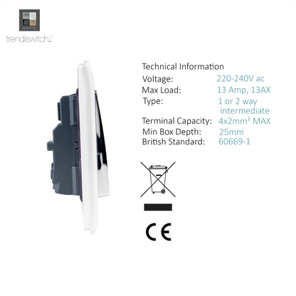 Trendi 2 Gang Artistic Modern Glossy 13 Amp Switched Tactile Plug Socket White (3 Pack)