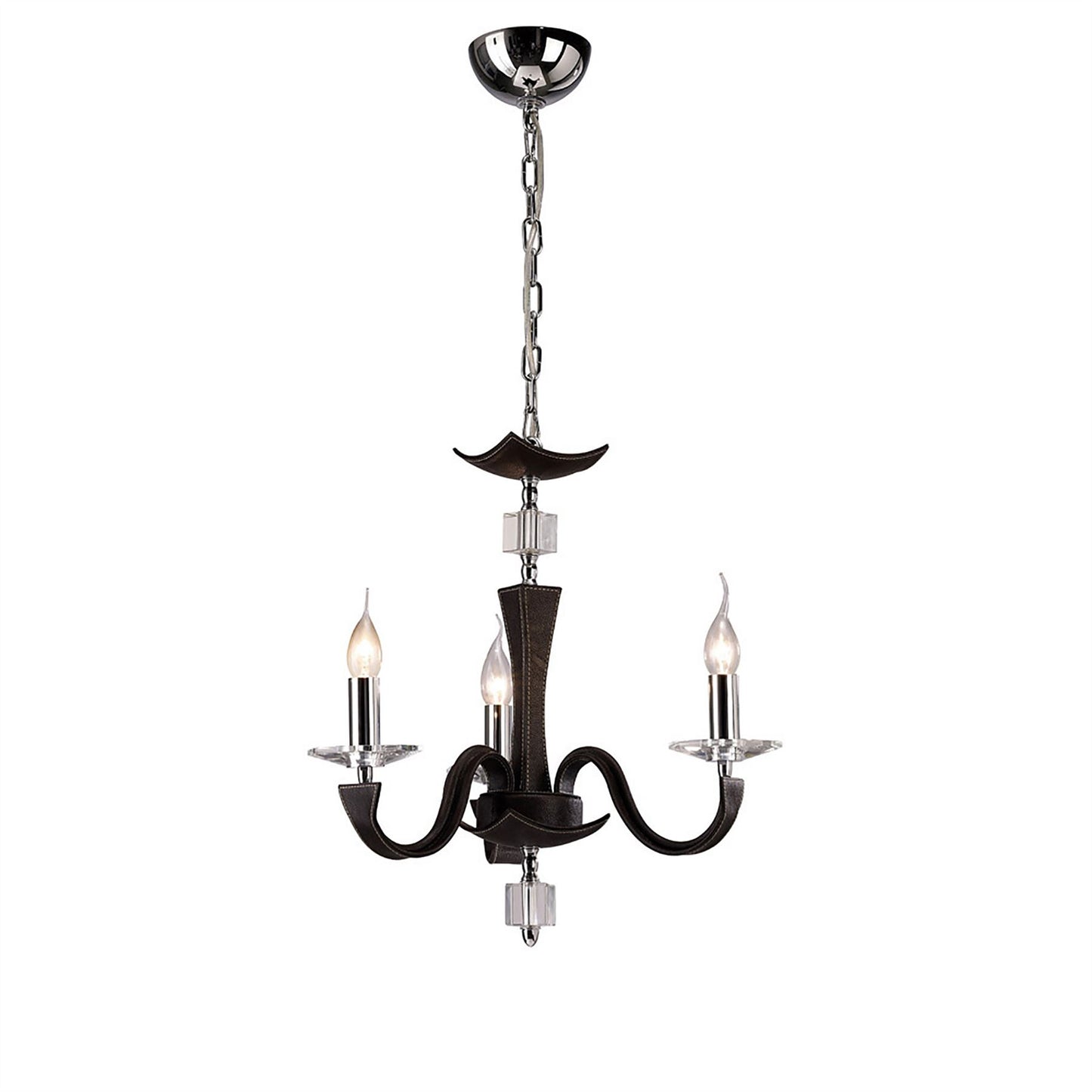 Diyas Nardini 50cm  3 Light E14 Polished Chrome/Dark Brown Faux Leather/Crystal Ceiling Pendant Light Fitting