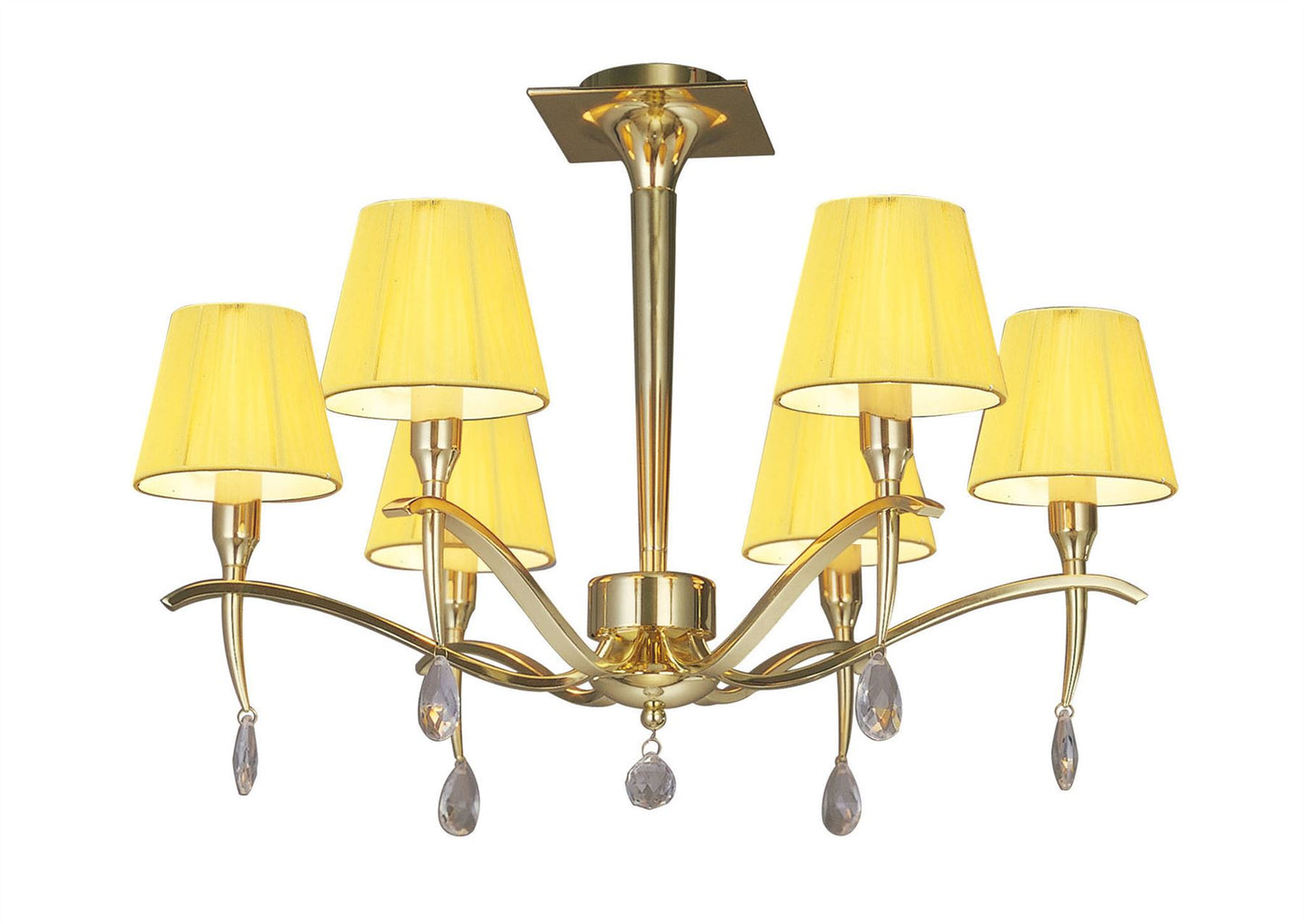 Mantra Siena 63cm Semi Flush Round 6 Light E14, Polished Brass with Amber Cream Shades and Clear Crystal