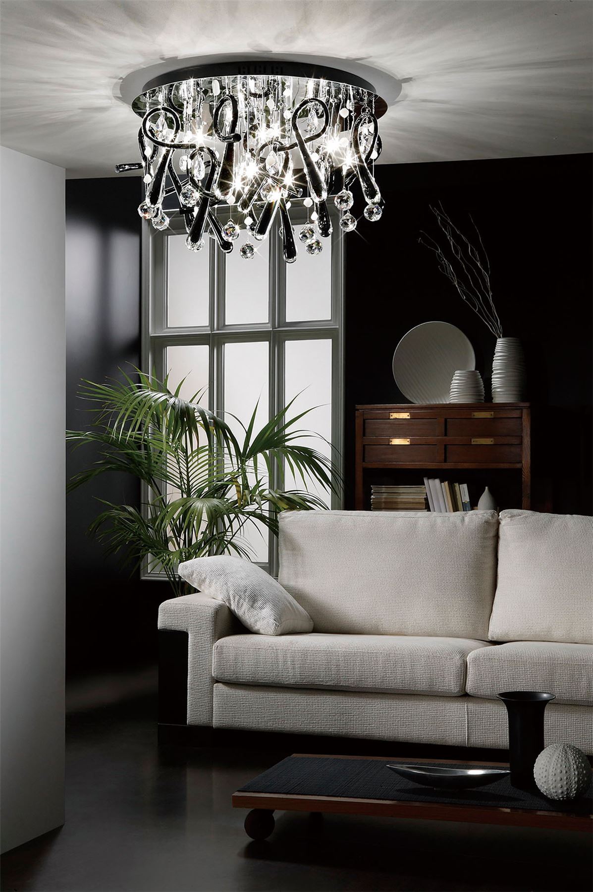 Diyas Class 60cm Flush  Round 20 Light G4 Polished Chrome/Black Glass/Crystal Ceiling Light Fitting