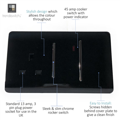 Trendi Artistic Modern 45 A Cooker Switch Inc Plug Socket & Neon Insert Black