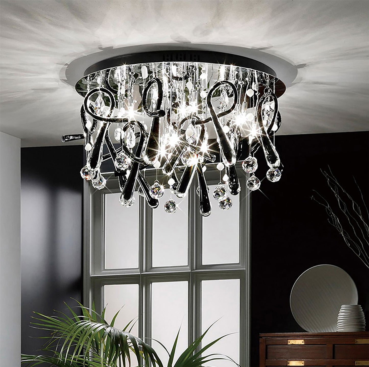 Diyas Class 60cm Flush  Round 20 Light G4 Polished Chrome/Black Glass/Crystal Ceiling Light Fitting