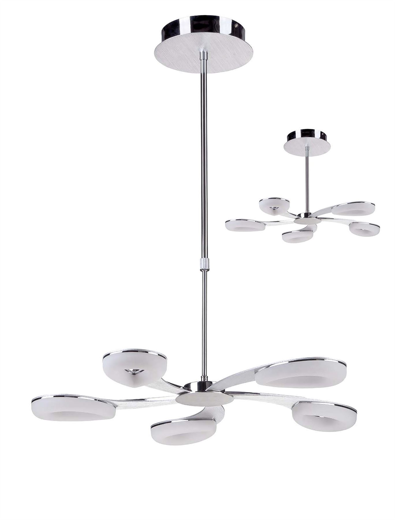 Mantra Fusion Juno 65cm Telescopic 5 Light 30W LED 3000K, 2700lm, Satin Aluminium/Frosted Acrylic/Polished Chrome, 3yrs Warranty