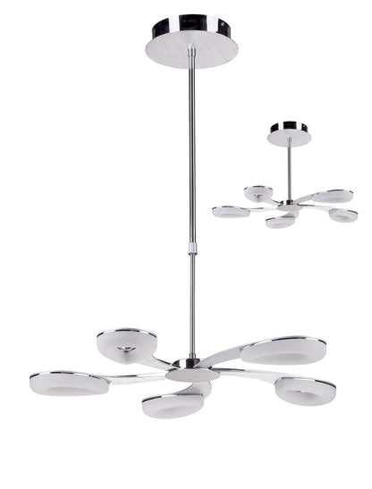 Mantra Fusion Juno 65cm Telescopic 5 Light 30W LED 3000K, 2700lm, Satin Aluminium/Frosted Acrylic/Polished Chrome, 3yrs Warranty