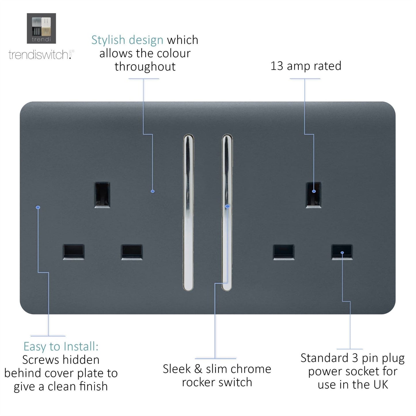 Trendi 2 Gang Raised Artistic Modern Glossy Screwless 13 Amp Single Pole with Chrome Switched UK Standard Electrical Double Wall Plug Socket in Warm Grey - ART-SKT213LWG