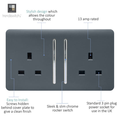 Trendi 2 Gang Raised Artistic Modern Glossy Screwless 13 Amp Single Pole with Chrome Switched UK Standard Electrical Double Wall Plug Socket in Warm Grey - ART-SKT213LWG