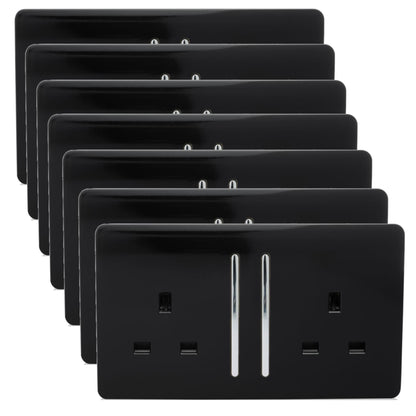 Trendi 2 Gang Artistic Modern Glossy 13 Amp Switched Plug Socket Piano Black (7 Pack)