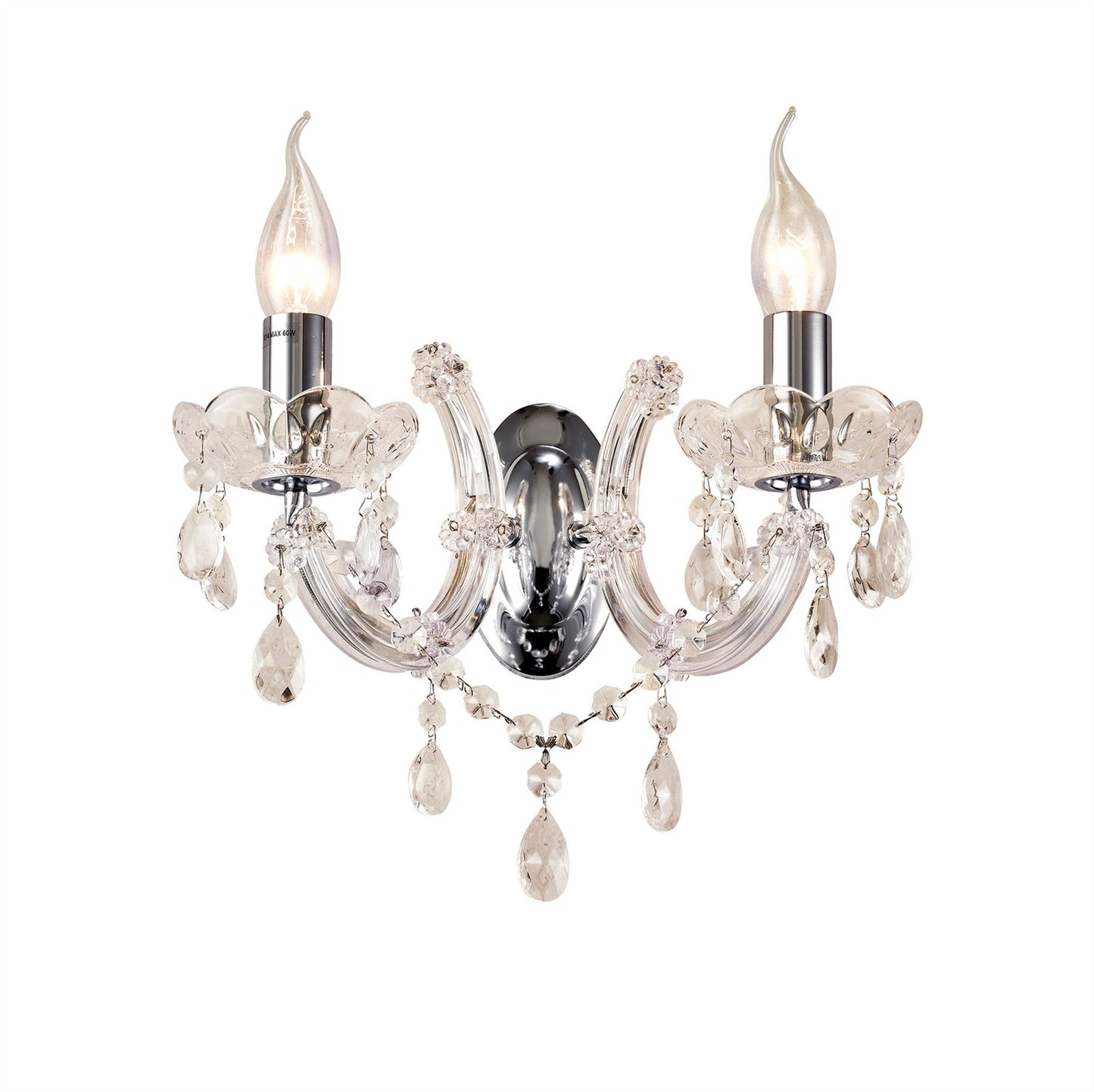 Deco Gabrielle Wall Light 2 Light E14 with Glass Sconce & Glass Droplets/Polished Chrome