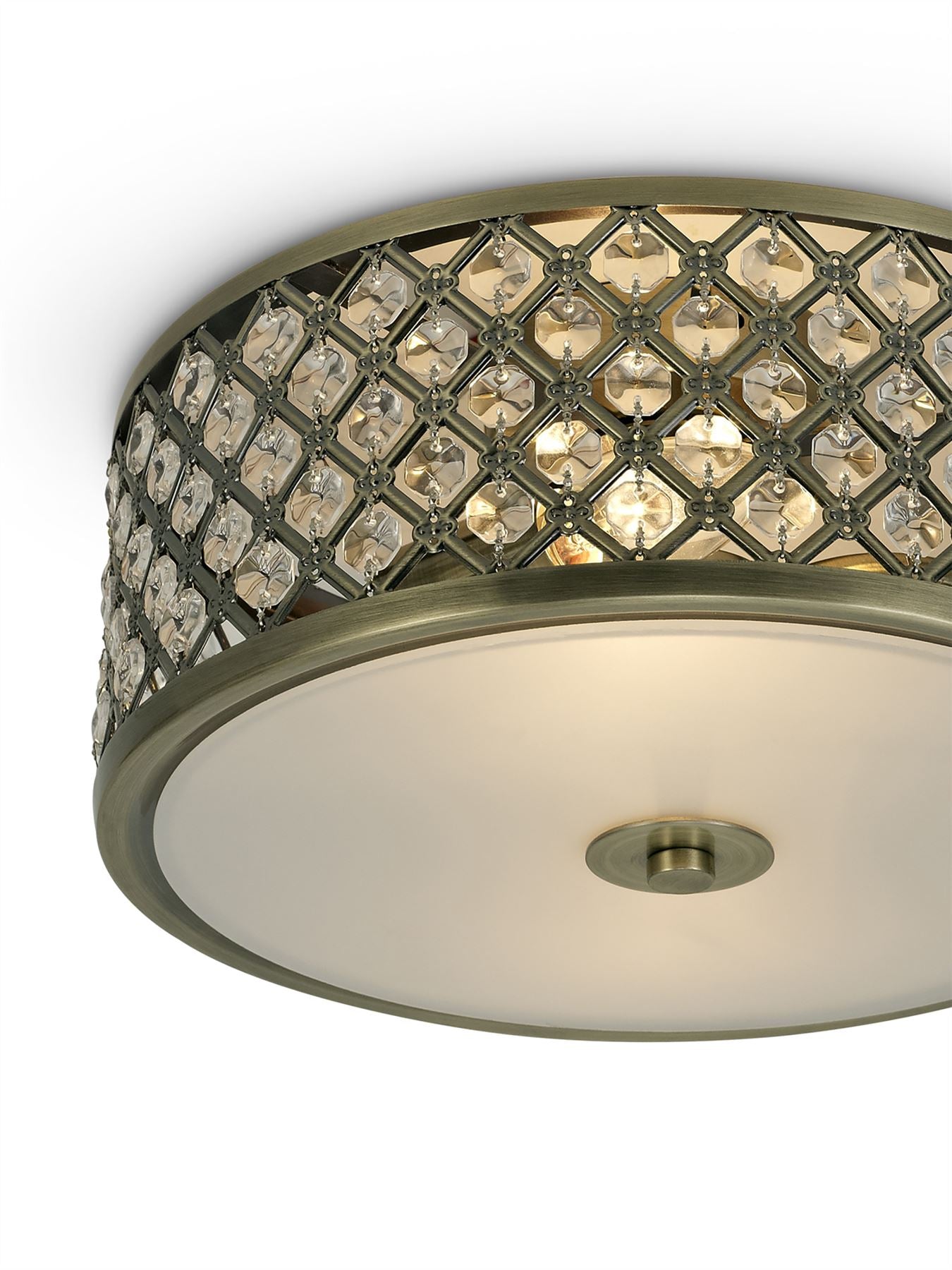 Deco Sasha 2 Light E14, Flush Ceiling Light, 300mm Round, Antique Brass with Crystal Glass and Opal Glass Diffuser
