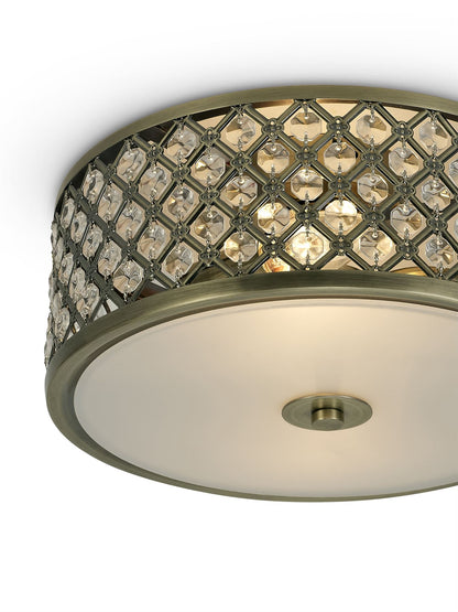 Deco Sasha 2 Light E14, Flush Ceiling Light, 300mm Round, Antique Brass with Crystal Glass and Opal Glass Diffuser