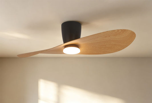 Surfer 112 x 30cm 18W LED Dimmable Ceiling Light With Built-In 40W DC Fan, 3000-5000K Remote Control, 3600lm, Black/Wood, 5yrs Warranty