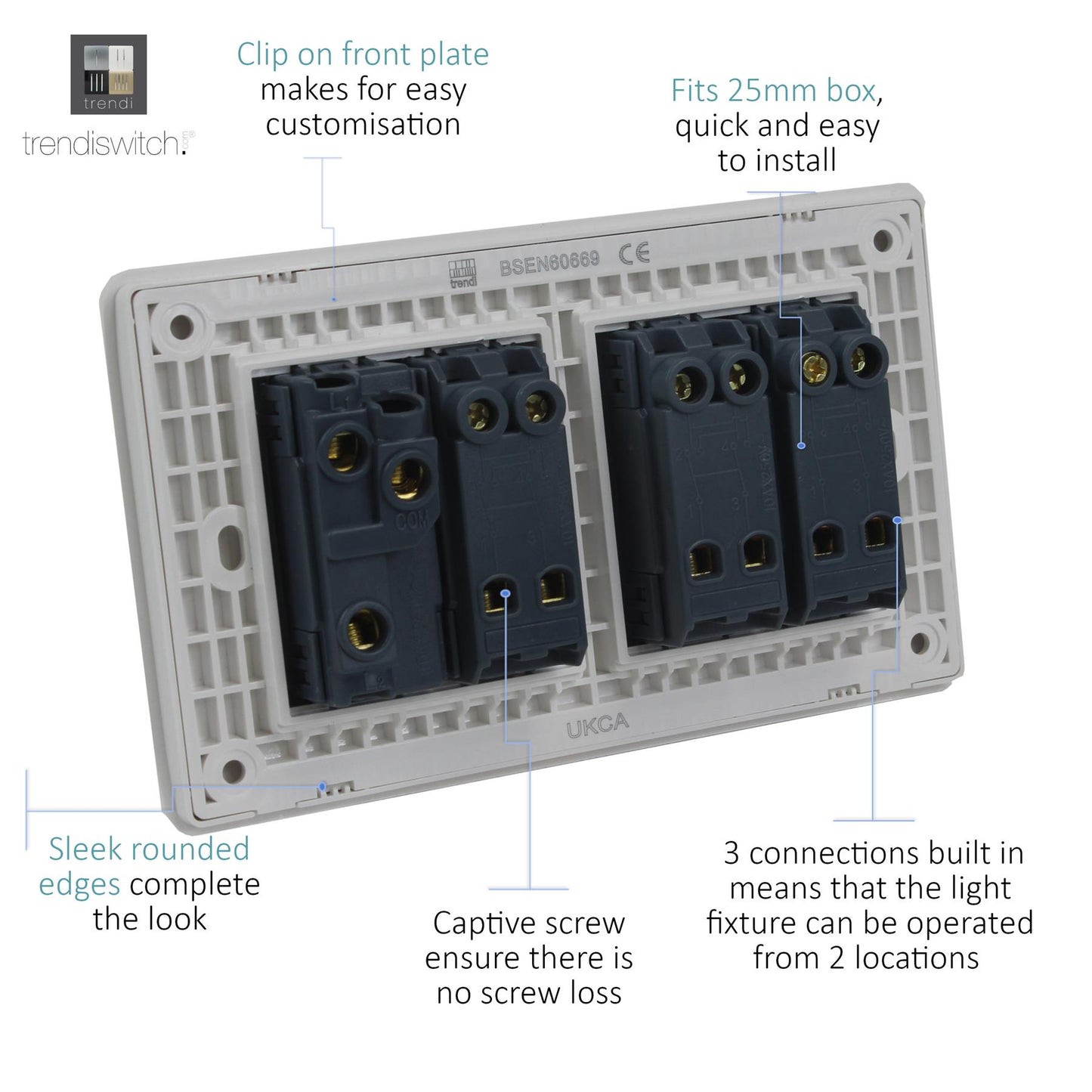 Trendi 4 Gang (1x 2 Way & 3x Intermediate) 10 Amp Rocker Light Switch Matt White - ART-SS2999MWH