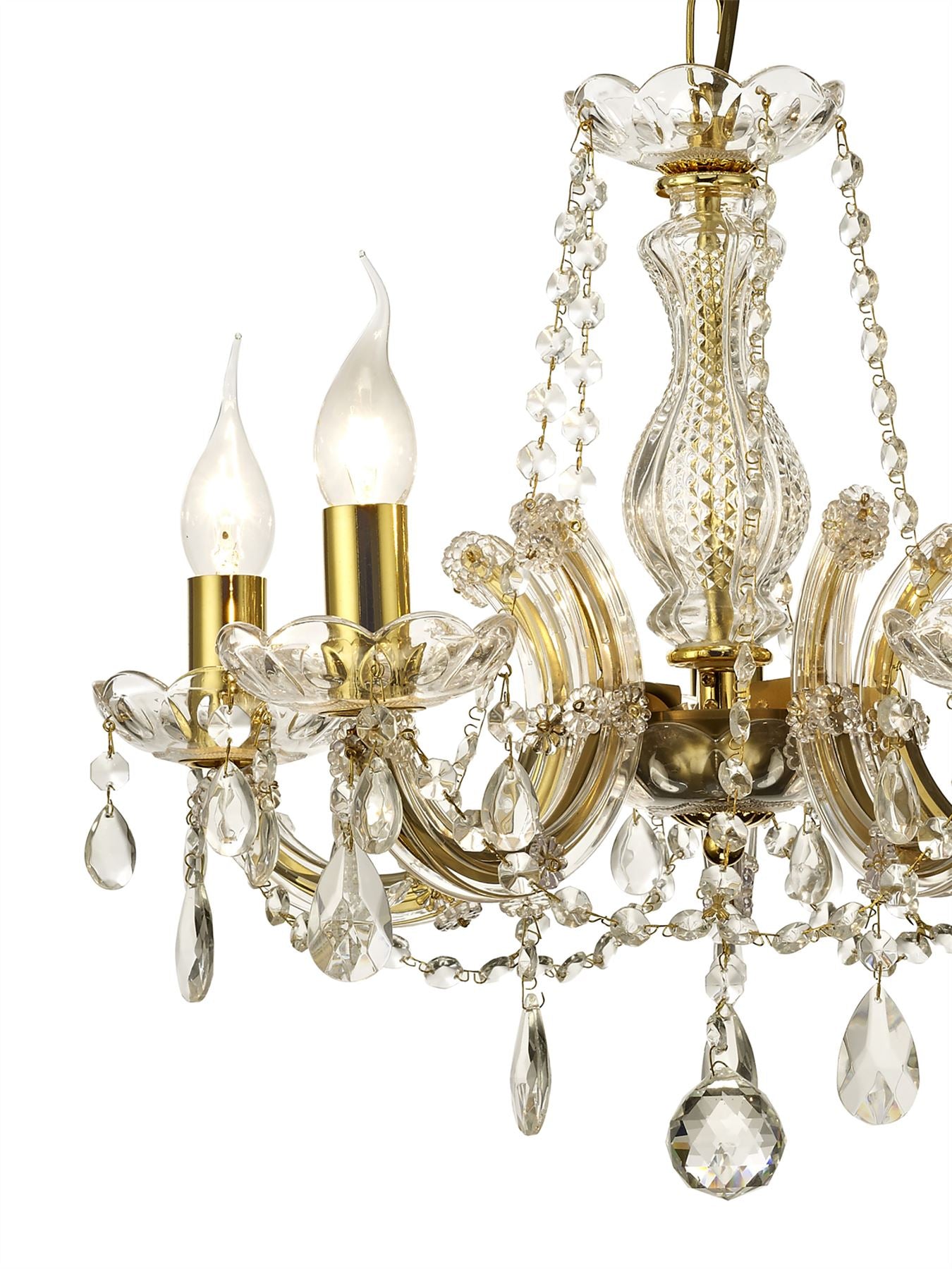 Deco Gabrielle Chandelier with Glass Sconce & Glass Crystal Droplets 5 Light E14 Polished Brass Finish