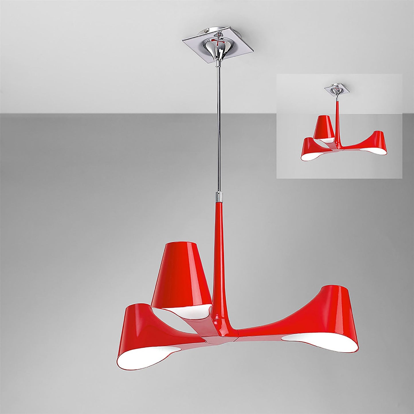 Mantra Ora 70cm Telescopic Convertible To Semi Flush 3 Light E27, Gloss Red/White Acrylic/Polished Chrome, CFL Lamps INCLUDED