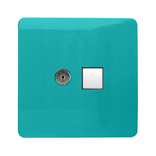 Trendi Switch 2 Gang TV Co-Axial & RJ45 Cat 6 Modern Designer PC Ethernet Sockets in Bright Teal