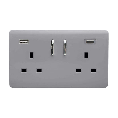 Trendi Switch 2 Gang Type A & C USB 3100mA Modern Designer Plug Socket in Platinum Silver