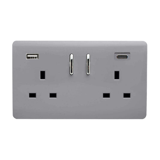 Trendi Switch 2 Gang Type A & C USB 3100mA Modern Designer Plug Socket in Platinum Silver