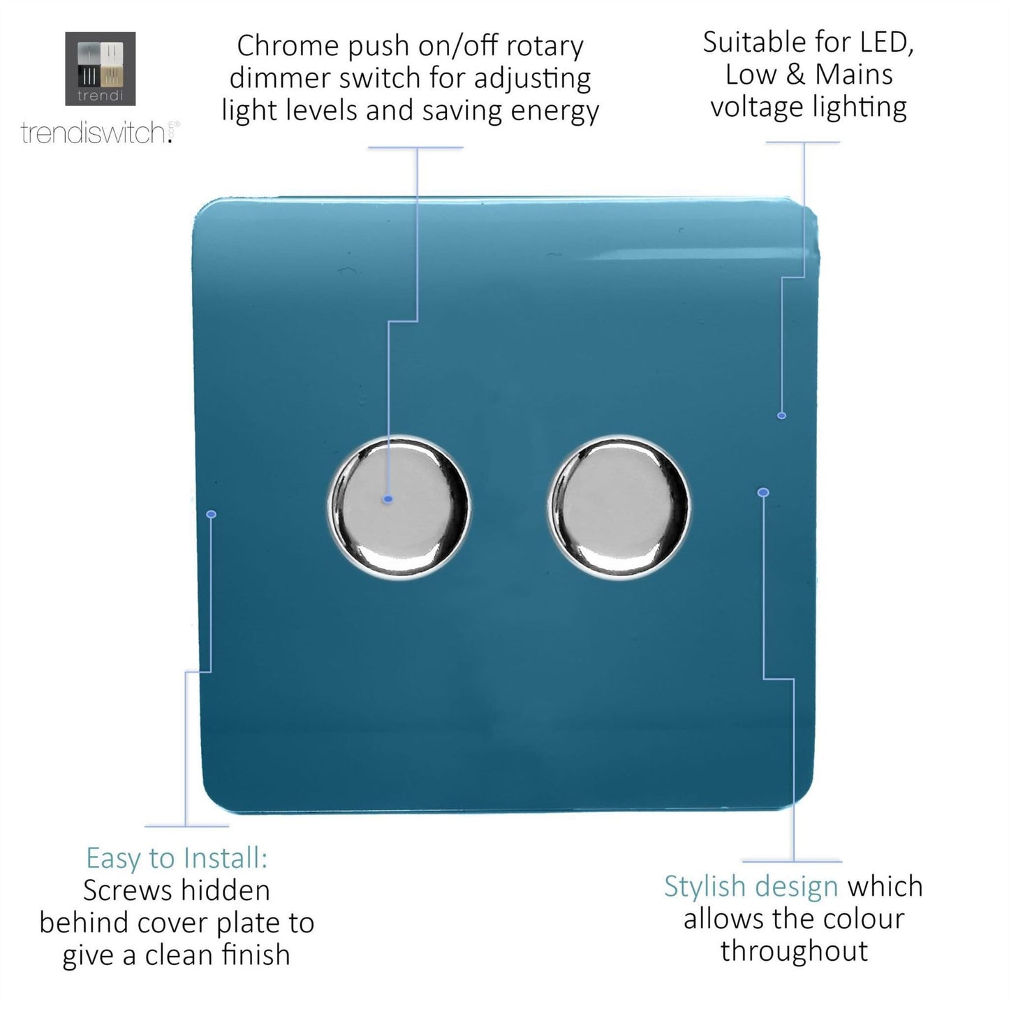 Trendi 2 Gang 2 Way 240V 100w LED Dimmer Screwless Raised Front Plate Plastic Artistic Modern Glossy 10 Amp Chrome Single Electrical Wall Light Switch in Ocean Blue - ART-2LDMOB