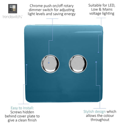 Trendi 2 Gang 2 Way 240V 100w LED Dimmer Screwless Raised Front Plate Plastic Artistic Modern Glossy 10 Amp Chrome Single Electrical Wall Light Switch in Ocean Blue - ART-2LDMOB