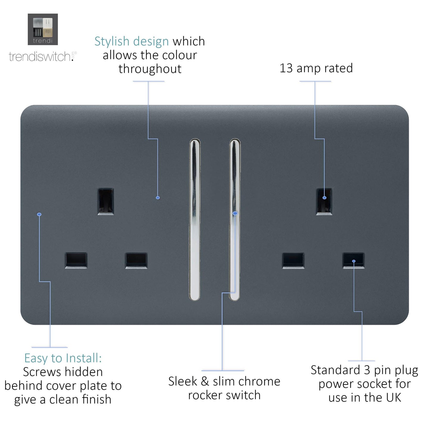 Trendi 2 Gang Artistic Modern Glossy 13 Amp Switched Plug Socket Warm Grey (7 Pack)