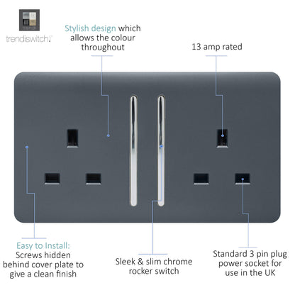 Trendi 2 Gang Artistic Modern Glossy 13 Amp Switched Plug Socket Warm Grey (7 Pack)