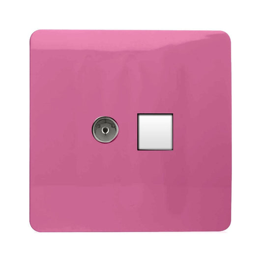 Trendi Switch 2 Gang Female TV Co-Axial & RJ45 Cat 6 Modern Designer PC Ethernet Sockets in Pink