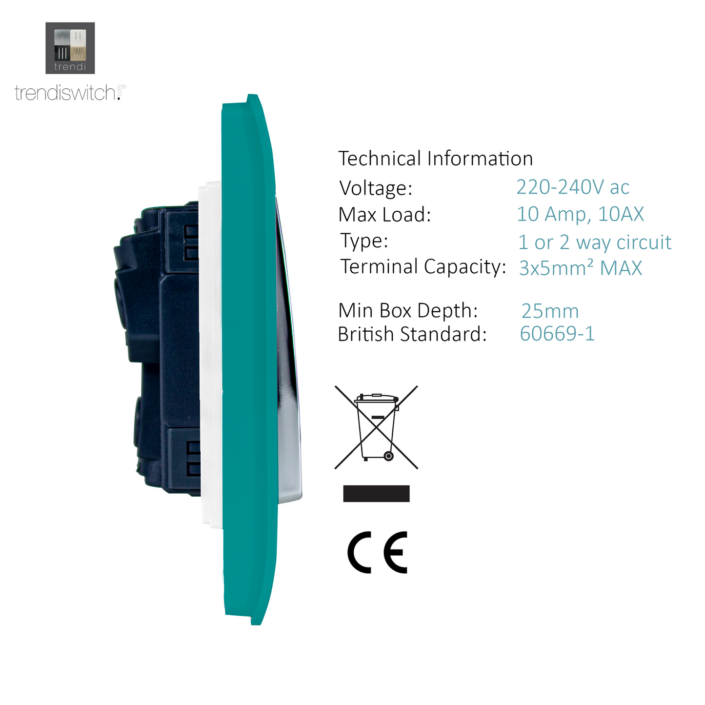 Trendi 2 Gang 2 Way 240V Screwless Artistic Modern Glossy 10 Amp Chrome Rocker Electrical Wall Light Switch in Bright Teal (2 pack)