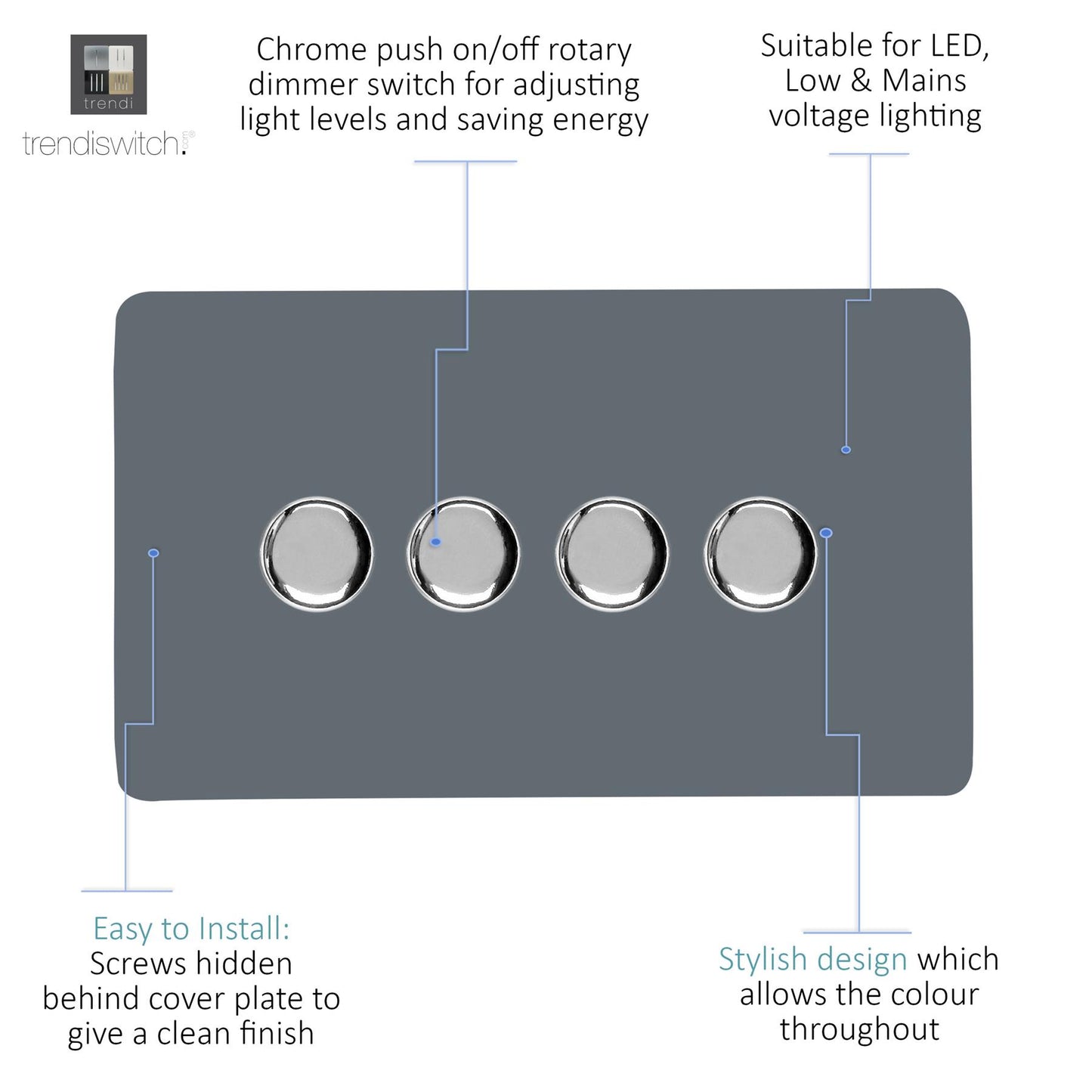 Trendi 4 Gang 2 Way 240V 100w LED Dimmer Screwless Raised Front Plate Plastic Artistic Modern Glossy 10 Amp Chrome Single Electrical Wall Light Switch in Warm Grey - ART-4LDMWG