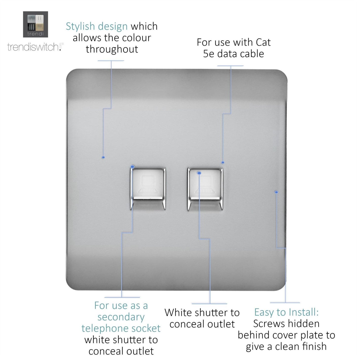 Trendi Artistic Modern Glossy Tactile Telephone + Cat 5e & Cat 6 RJ45 PC Socket Stainless Steel