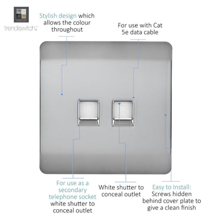 Trendi Artistic Modern Glossy Tactile Telephone + Cat 5e & Cat 6 RJ45 PC Socket Stainless Steel