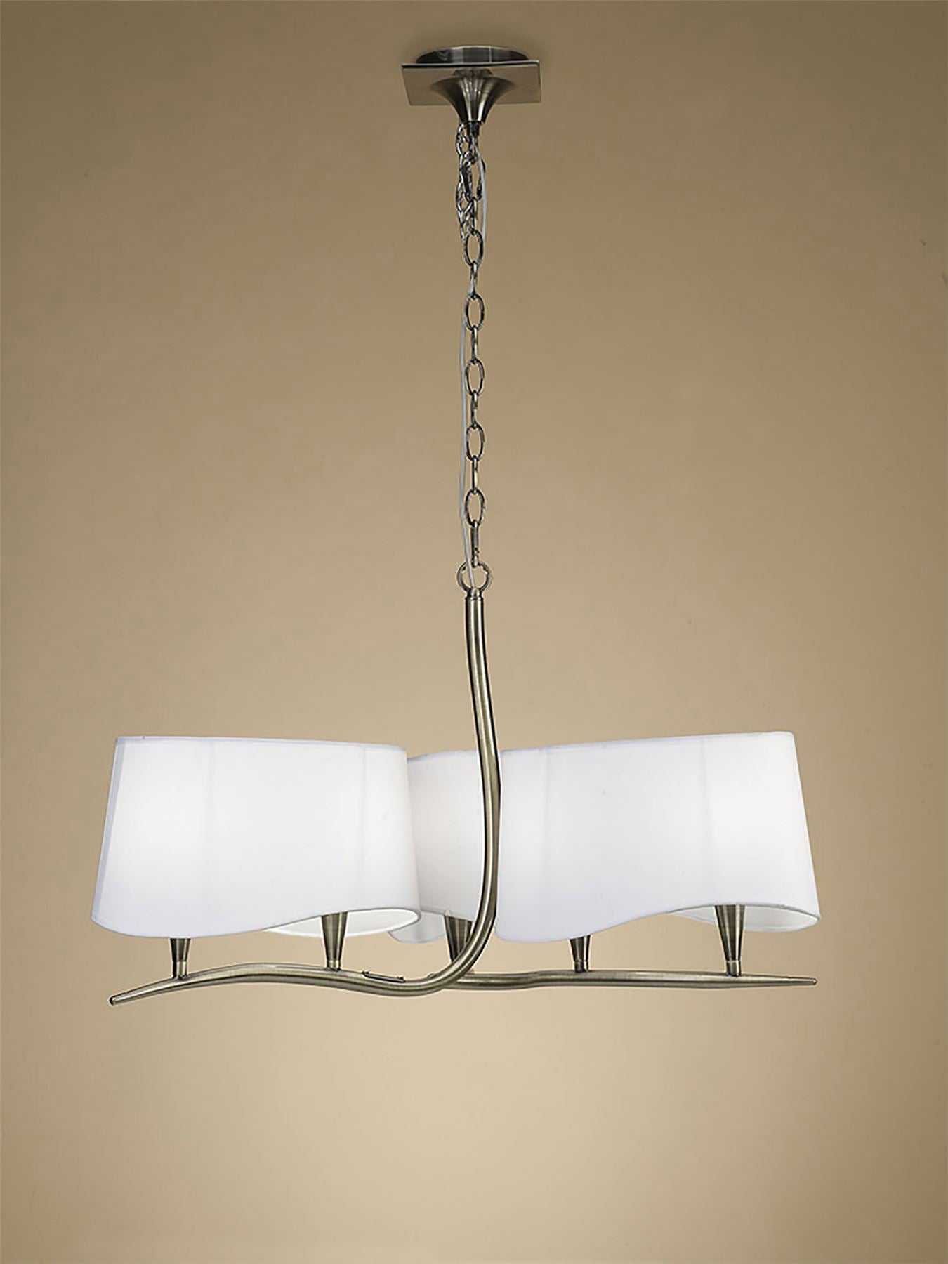 Mantra Ninette 80cm Pendant 3 Arm 6 Light E14, Antique Brass with Ivory White Shades