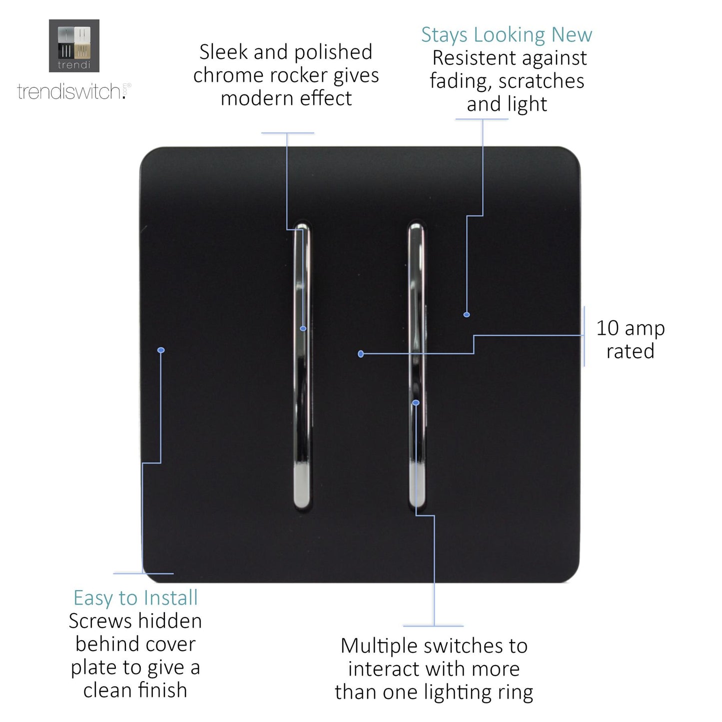 Trendi 2 Gang 2 Way 240V Screwless Artistic Modern Glossy 10 Amp Chrome Rocker Electrical Wall Light Switch in Matt Black (2 pack)