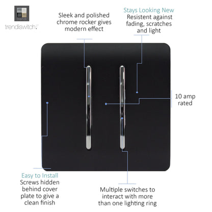 Trendi 2 Gang 2 Way 240V Screwless Artistic Modern Glossy 10 Amp Chrome Rocker Electrical Wall Light Switch in Matt Black (2 pack)