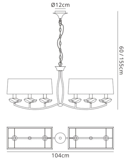 Mantra Akira Linear Pendant 2 Arm 6 Light E14, Polished Chrome with Black Shades