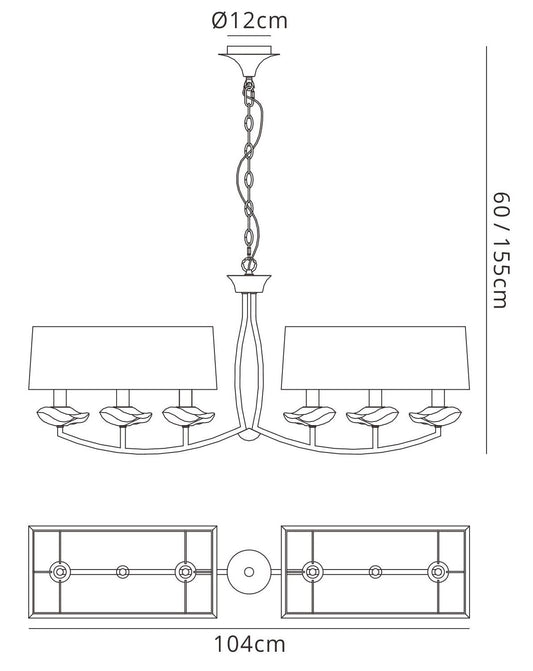 Mantra Akira Linear Pendant 2 Arm 6 Light E14, Polished Chrome with Black Shades