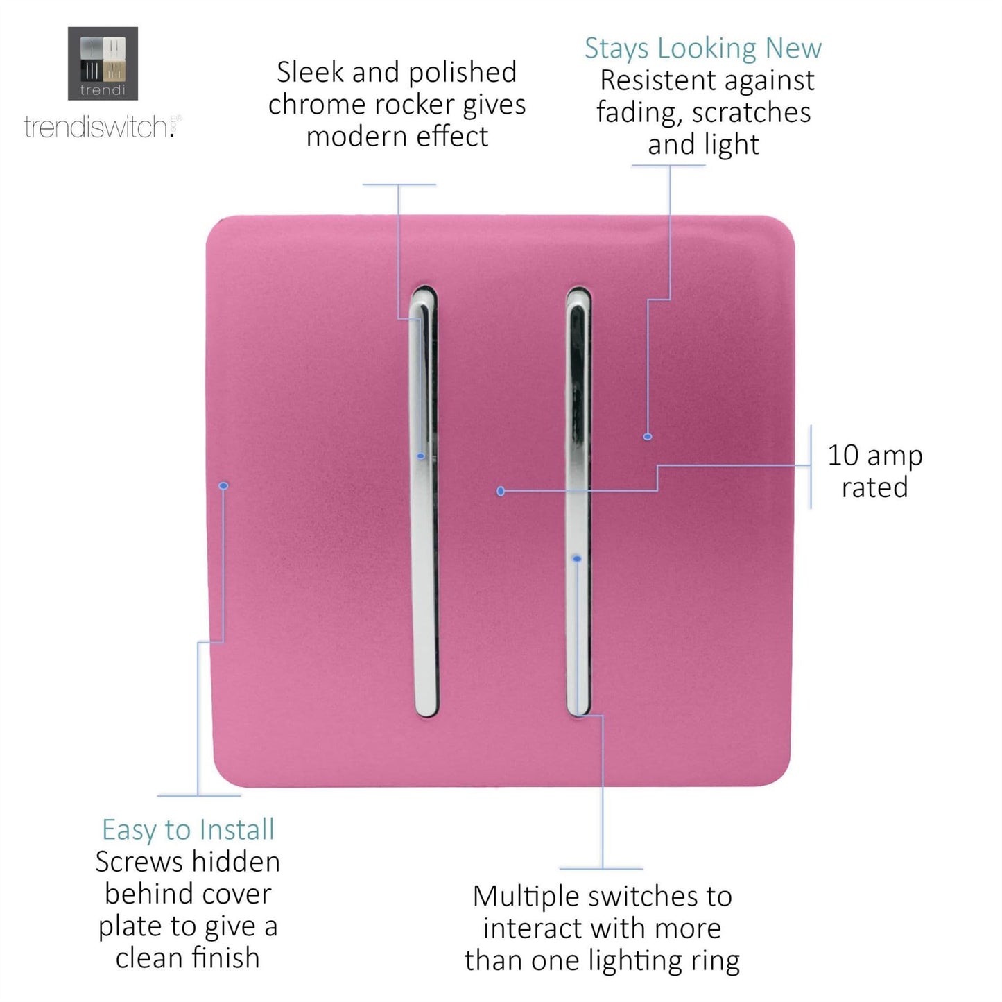Trendi 2 Gang 3 Way Intermediate Artistic Modern Glossy 10 Amp Rocker Light Switch Pink