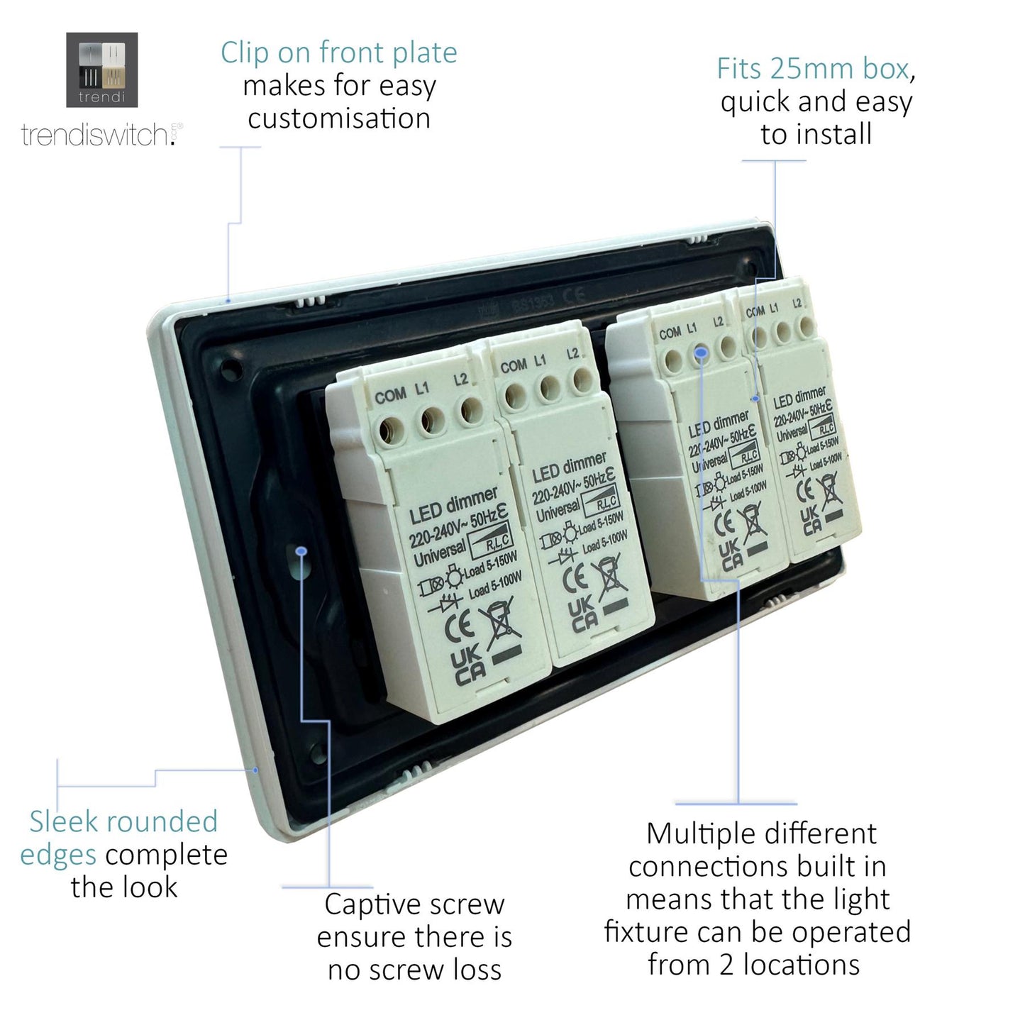 Trendi 4 Gang 2 Way 240V 100w LED Dimmer Screwless Raised Front Plate Plastic Artistic Modern Glossy 10 Amp Chrome Single Electrical Wall Light Switch in Navy - ART-4LDMNV