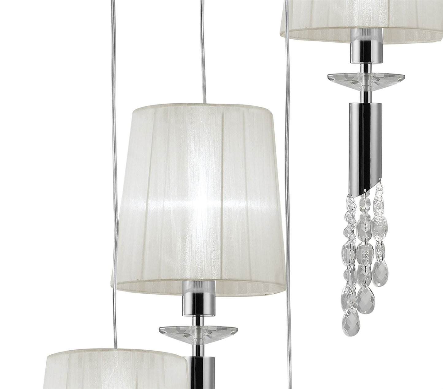 Mantra M3857 Tiffany Pendant 5+5 Light E27+G9 Spiral, Polished Chrome with White Shades & Clear Crystal