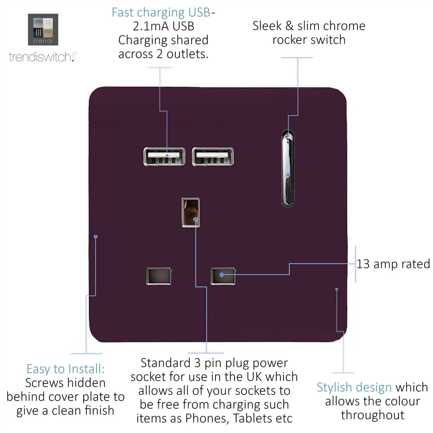 Trendi 1 Gang Artistic Modern Glossy 13 Amp 2x2.1mA USB Switched Tactile Plum